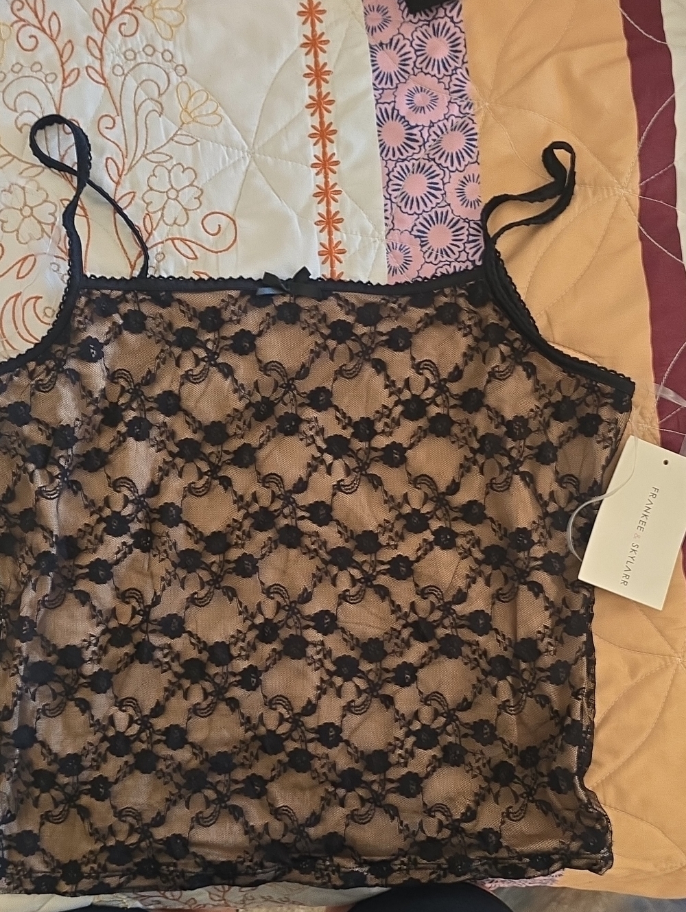 Frankee & Skylarr Black Floral Lace Camisole with Nude Lining